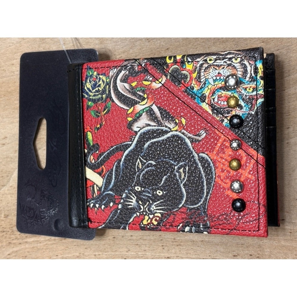 New Ed Hardy Men's Bifold Wallet Red Faux Leather Panther Dragon Heart Tattoo